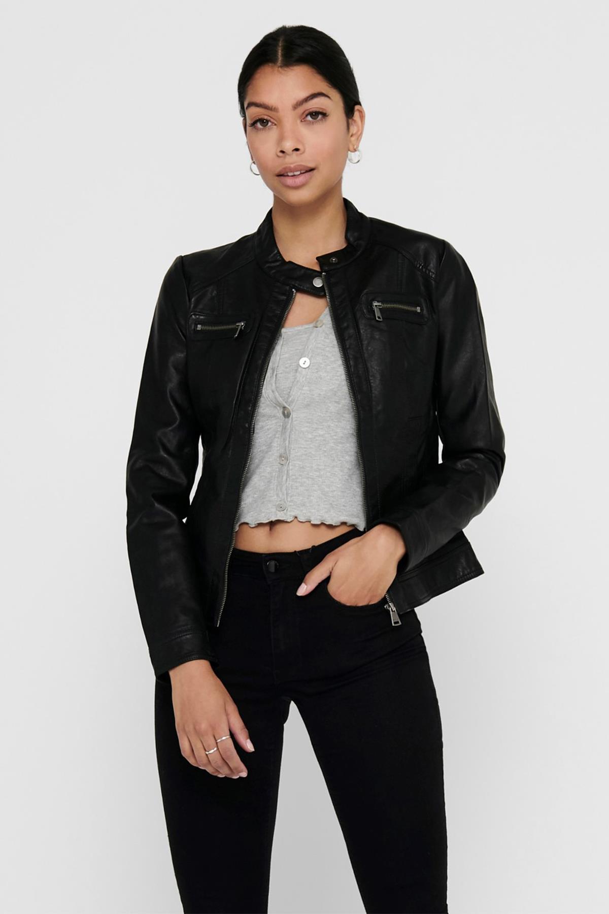 Only Kadın Siyah Deri Ceket Onlbandit Faux Leather Biker 15081400-BLK |  varlikstore.com
