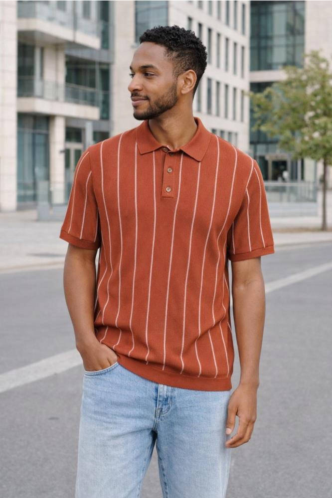 Only & Sons Erkek Çizgili Gömlek Yaka Turuncu T-Shirt - 22037080 - Only & Sons - 22037080-2