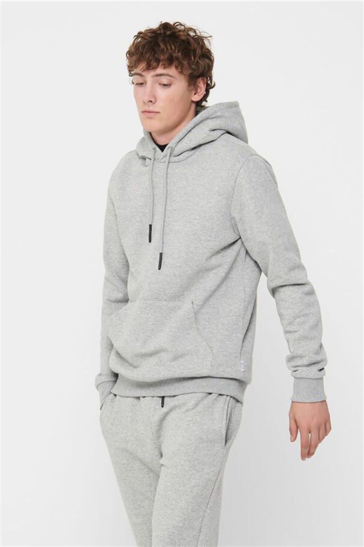 Only & Sons - Erkek Gri Hoodie Sweatshirt -  22018685 - Only & Sons - 22018685-Light Grey