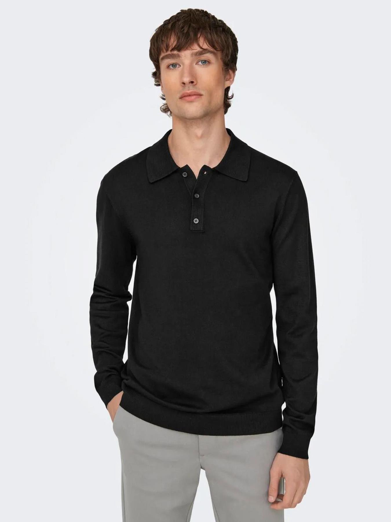 Only & Sons Erkek Polo Yaka Uzun Kollu Siyah Triko T-shirt - 22021184 - diğer - 2-22021184