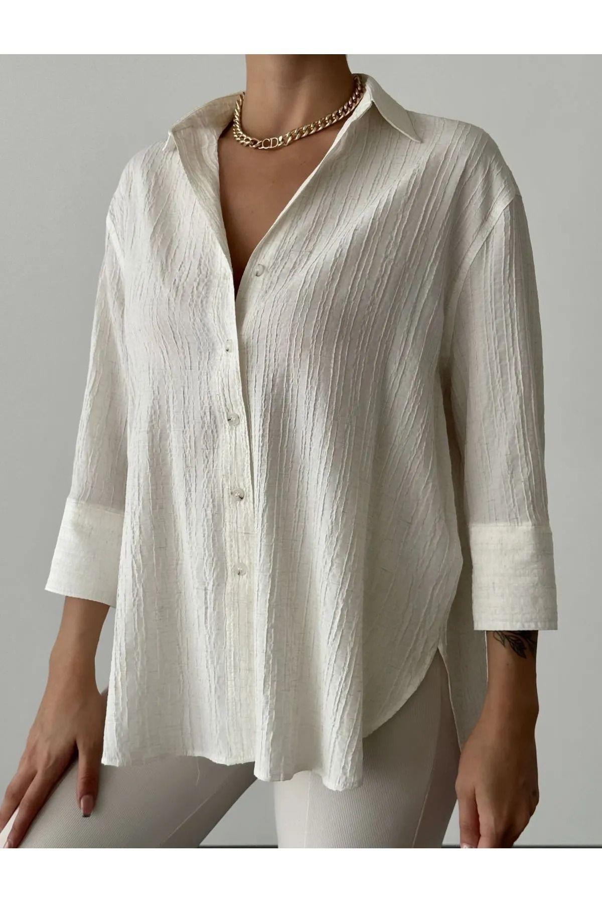 Quzu Kadın Kısa Kol Oversize Gömlek - 24Y11693 · 6