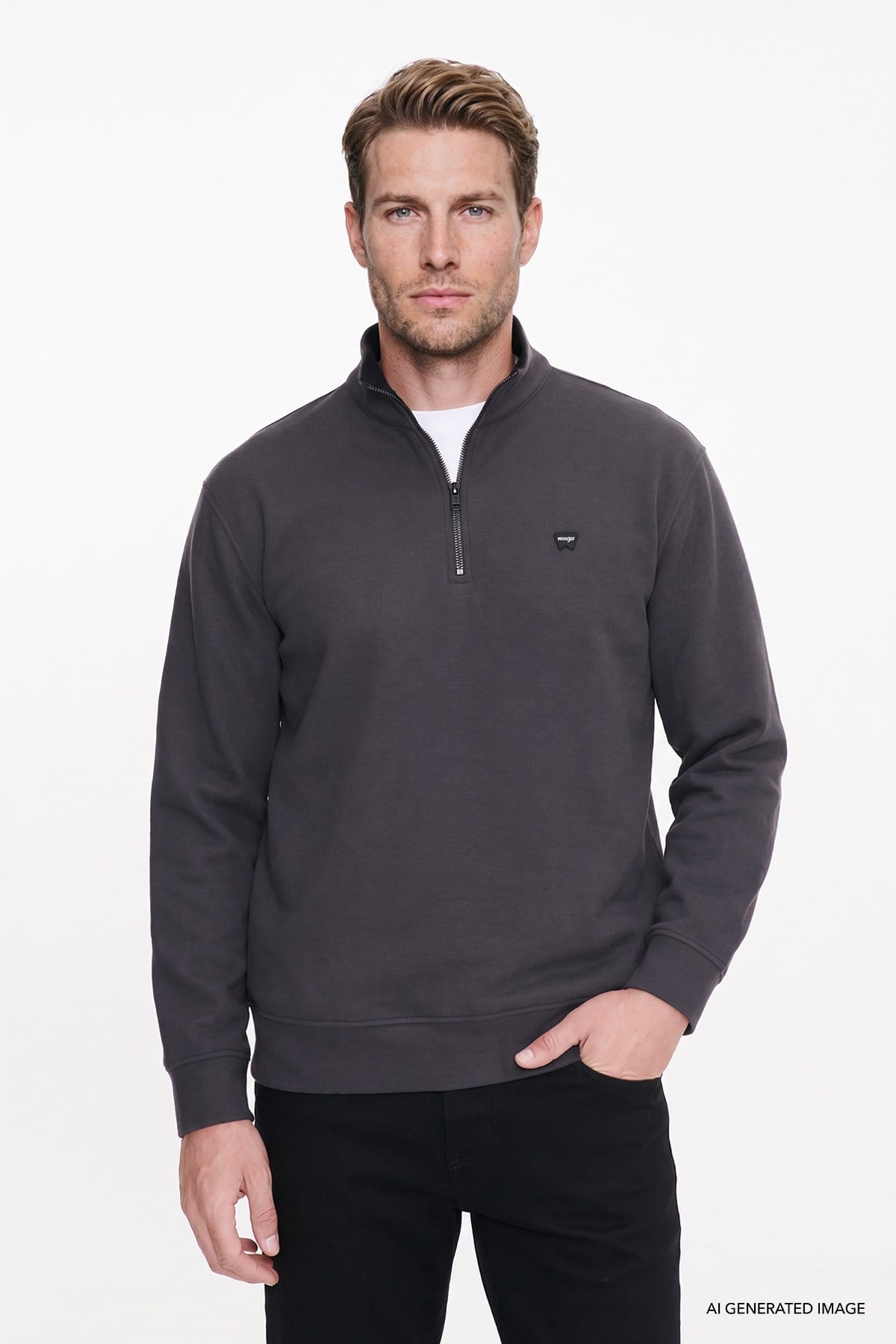 Wrangler Erkek Pamuklu Selanik Regular Fit Fermuarlı Dik Yaka Antrasit Sweatshirt - Wrangler - W2620081