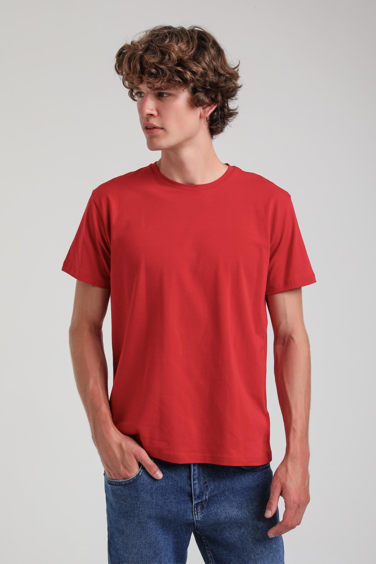 Bisiklet Yaka Kırmızı Basic Likralı  Slim Fit  24SSM20339