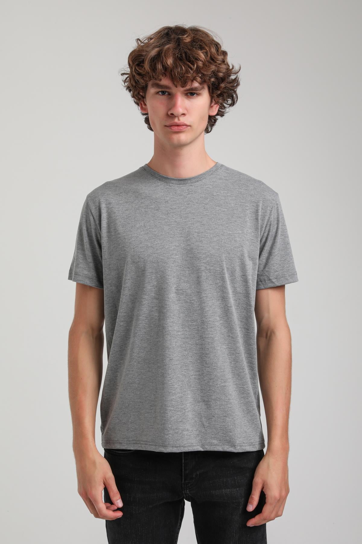 Gri Melanj Slim Fit Basic Likralı  Tişört 25SSM20341
