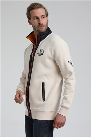 New World Polo Dik Yaka Ekru Slim Fit Full-Zip Sweatshirt 22FWM64038