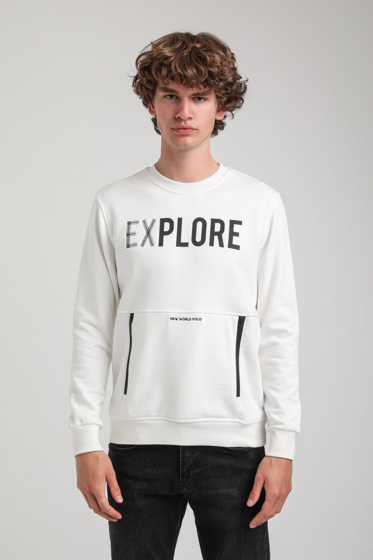 Bisiklet Yaka Ekru Slim Fit Sweatshirt 23FWM60165