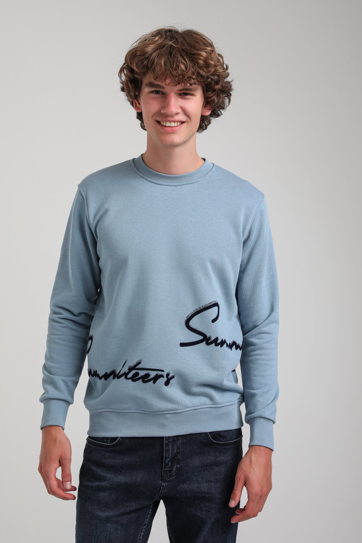Bisiklet Yaka Mavi Slim Fit Sweatshirt 23FWM60150