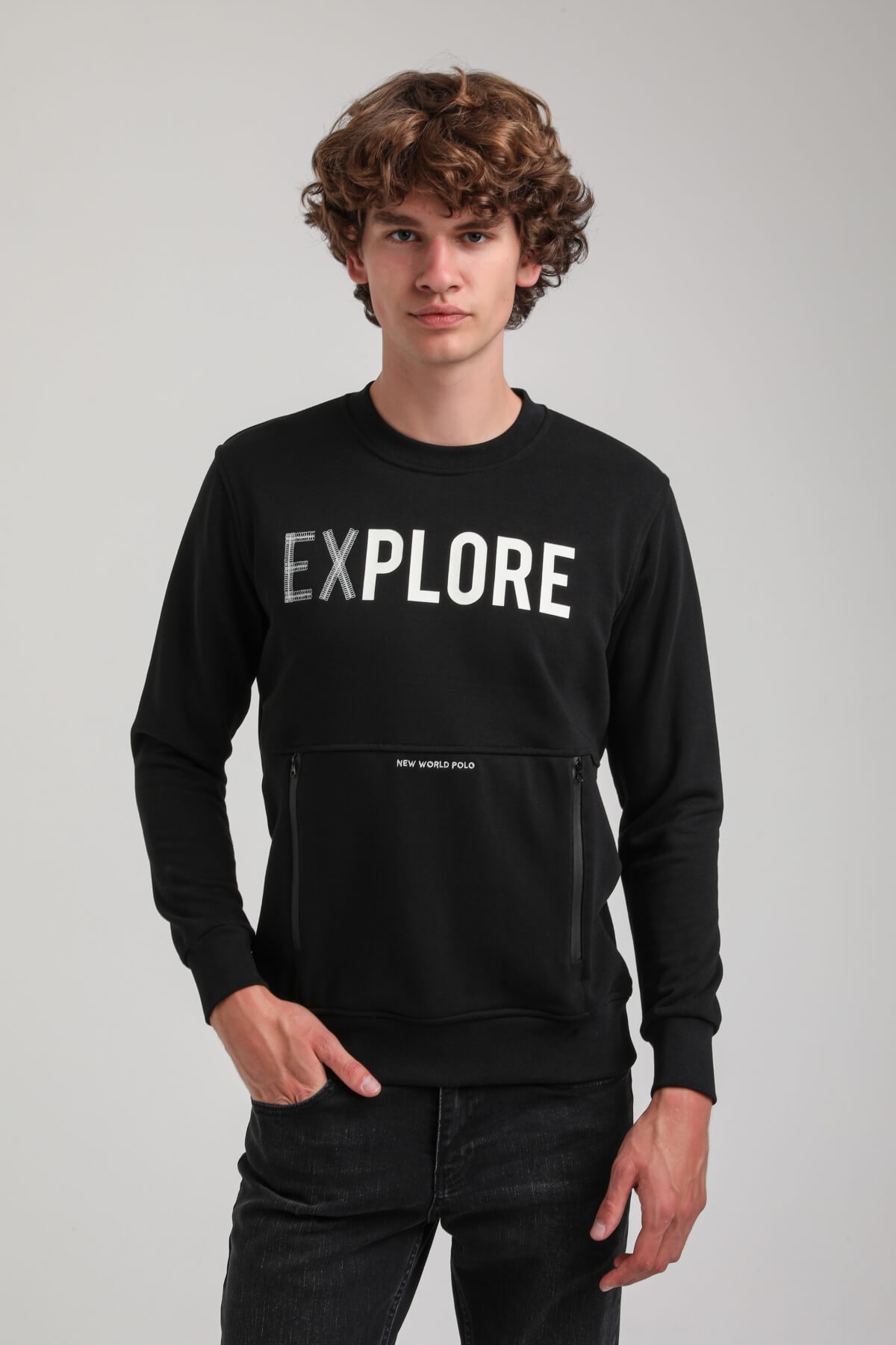 Bisiklet Yaka Siyah Slim Fit Sweatshirt 23FWM60165