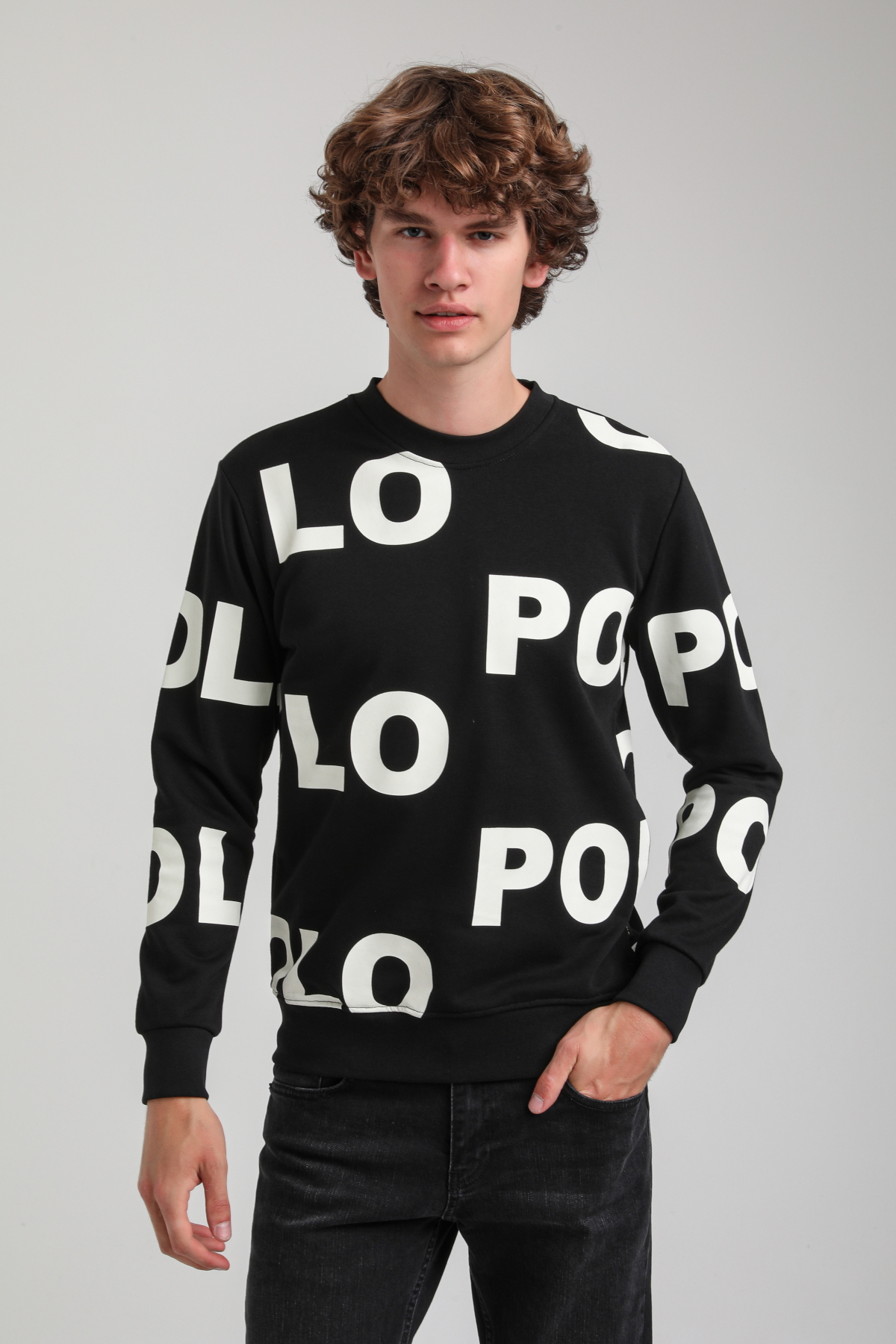 Bisiklet Yaka Siyah Slim Fit Sweatshirt 23FWM60169