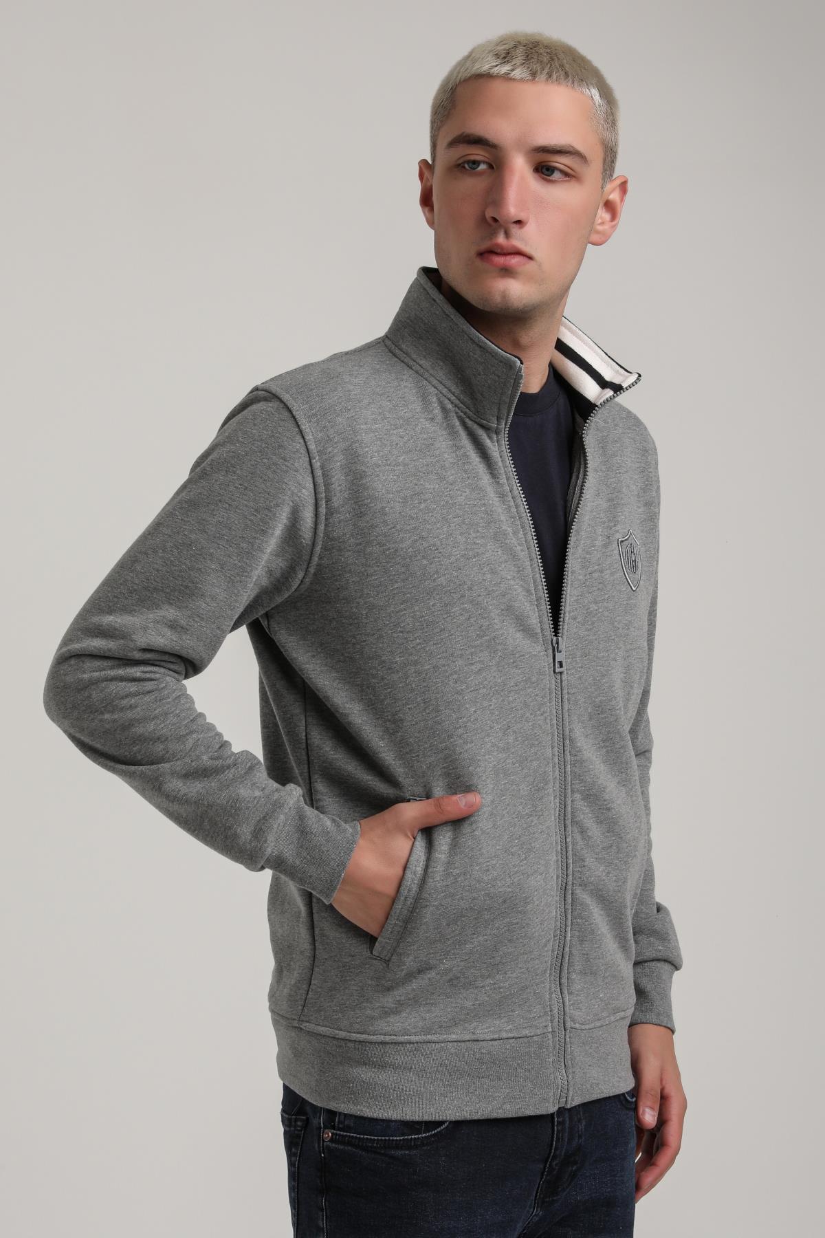 Dik Yaka Gri Melanj Slim Fit Sweatshirt 24FWM60196