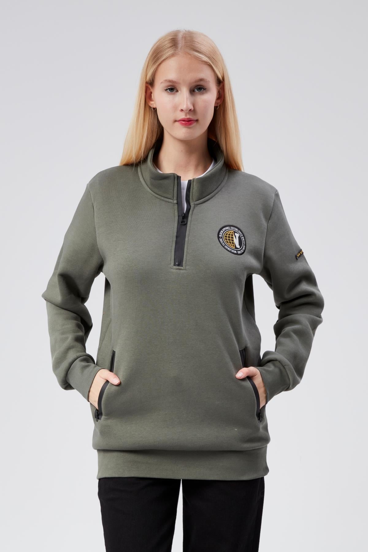 Dik Yaka Kadın Haki Slim Fit Sweatshirt 24FWW64083
