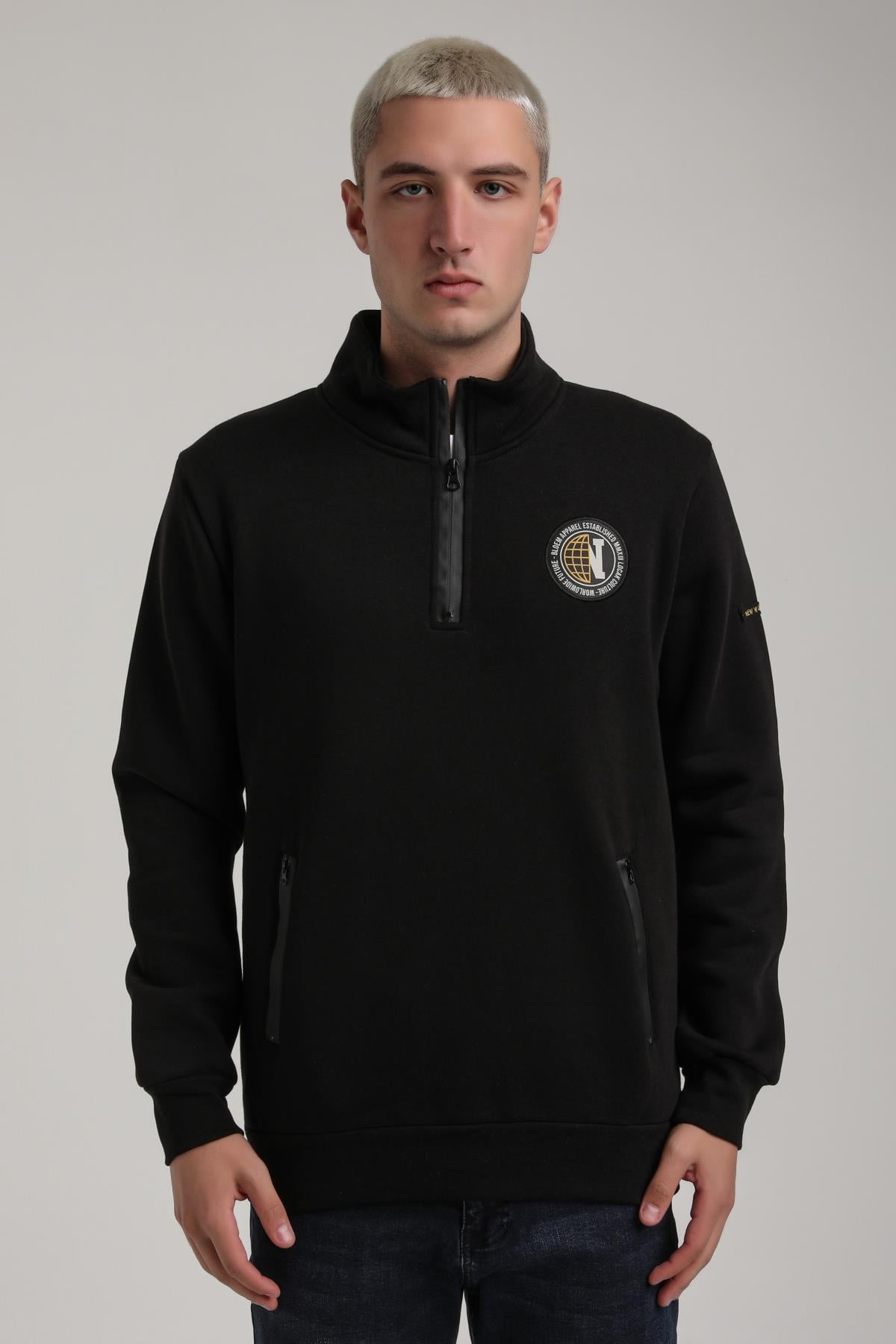 Dik Yaka Siyah Slim Fit Full-Zip Sweatshirt 24FWM64083
