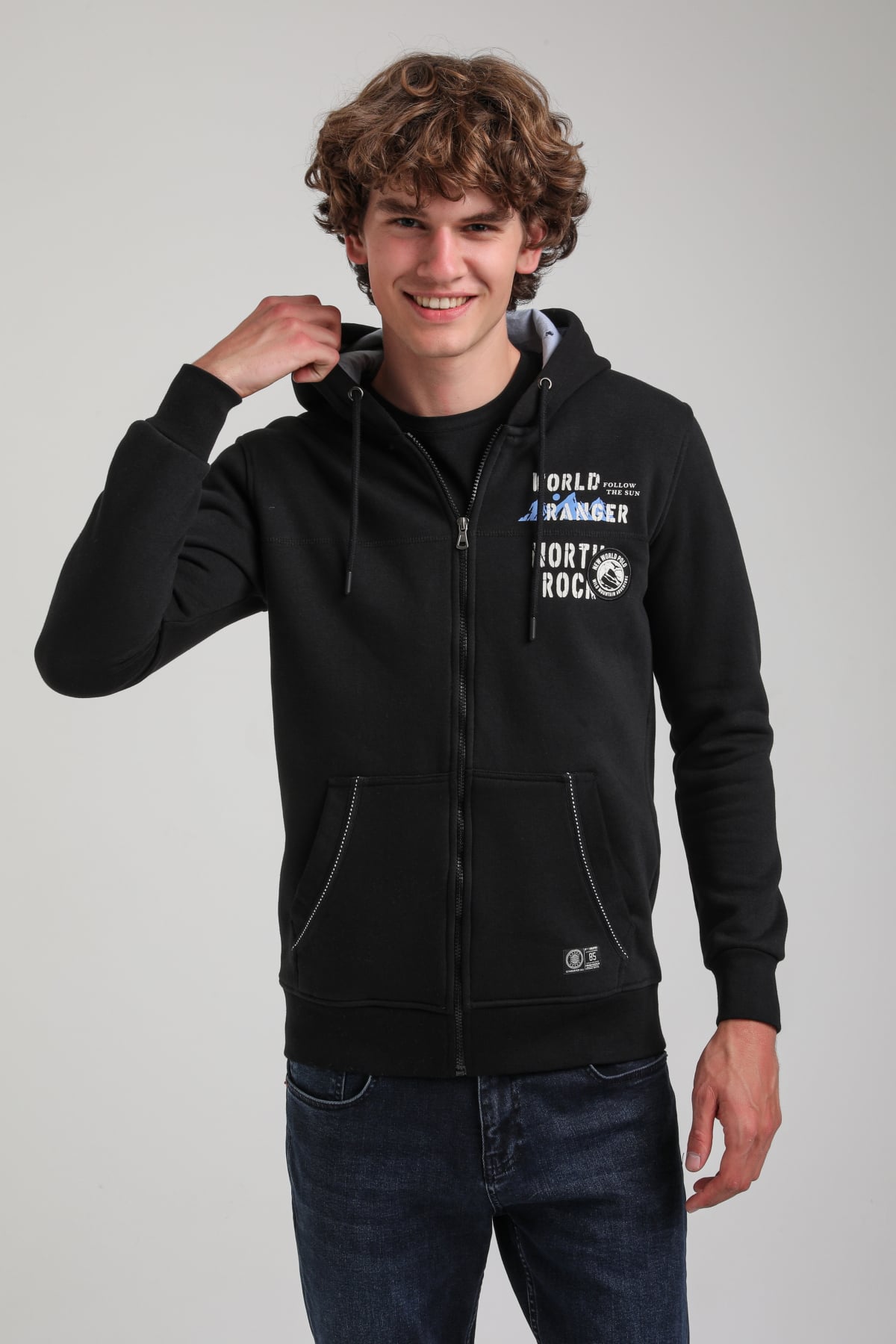Kapşonlu Ve Fermuarlı Siyah Regular Custom Full-Zip Sweatshirt 23FWM64066