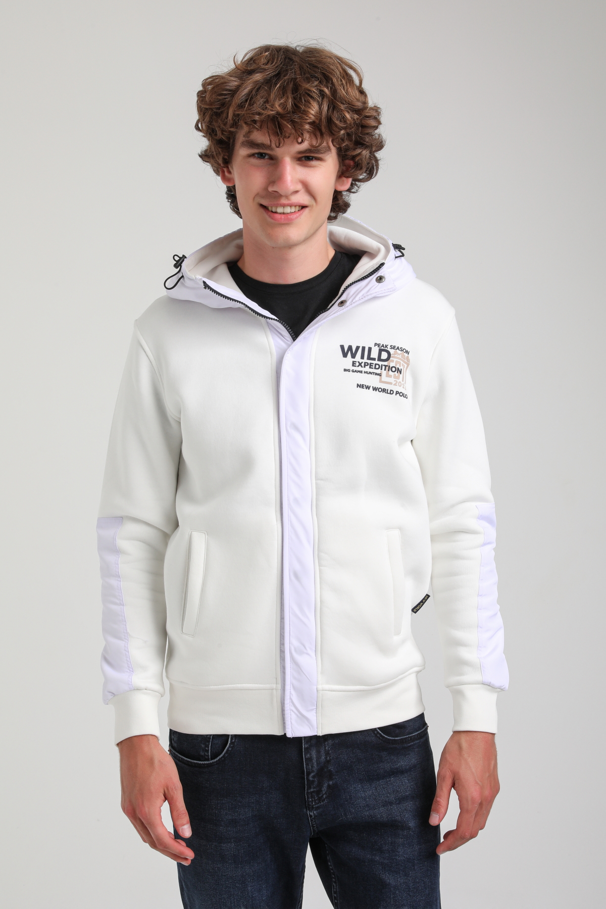 Kapüşonlu Ekru Slim Fit Full-Zip Sweatshirt 23FWM64067