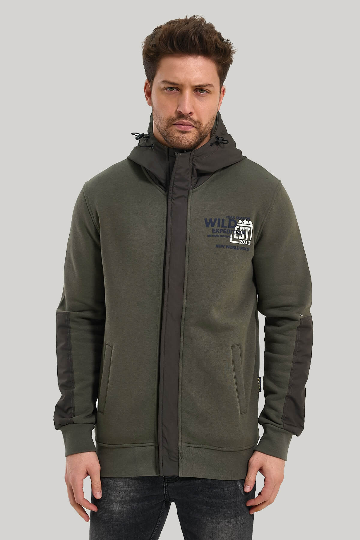 Kapüşonlu Haki Slim Fit Full-Zip Sweatshirt 23FWM64067