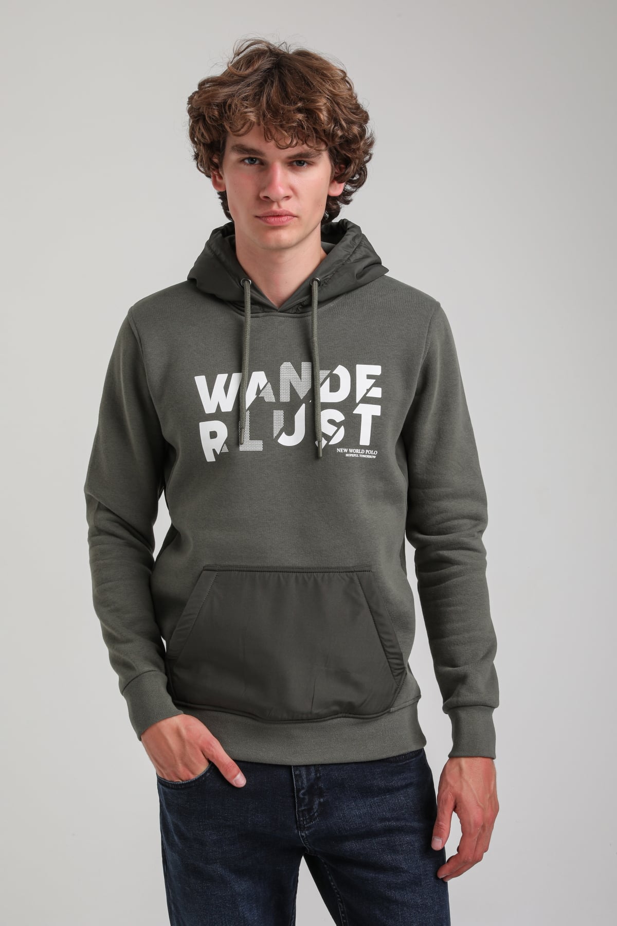 Kapüşonlu Haki Slim Fit Hoodie 23FWM64059