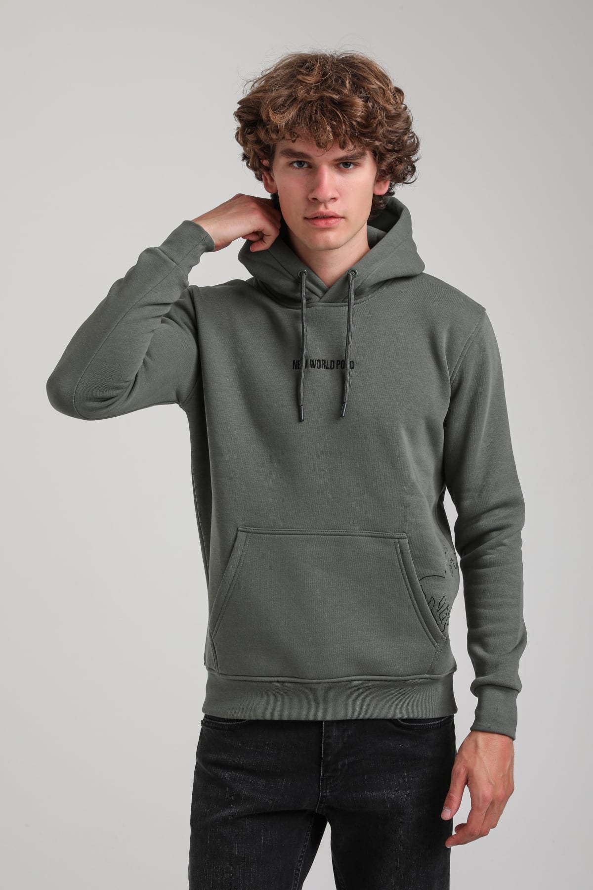 Kapüşonlu Haki Slim Fit Hoodie 23FWM64044