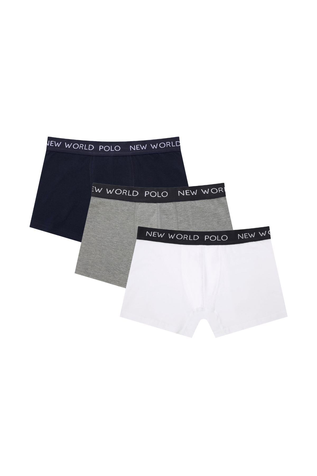 New World Polo Basic 3'lü Boxer Lacivert-Beyaz-Gri Slim Fit Boxer Set 23SSM1001