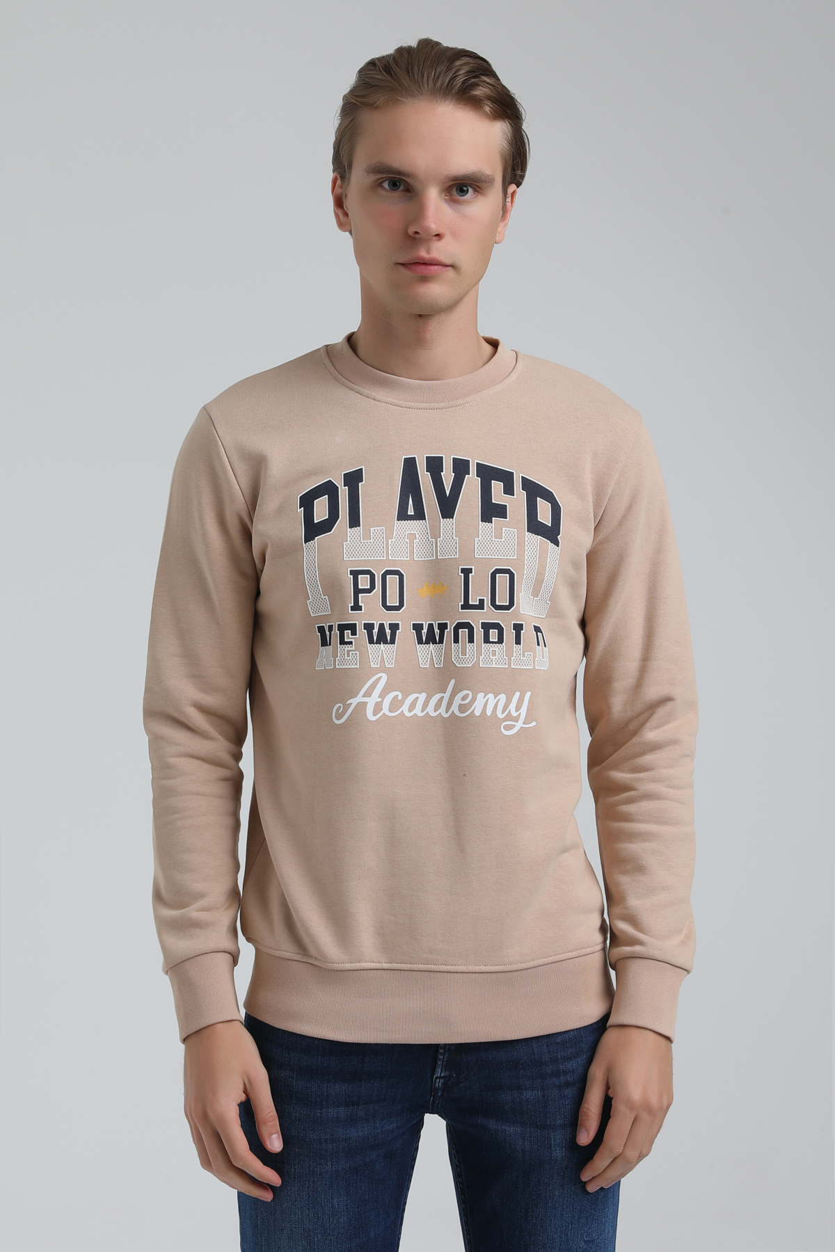 New World Polo Bisiklet Yaka Bej Regular Sweatshirt 22FWM60137