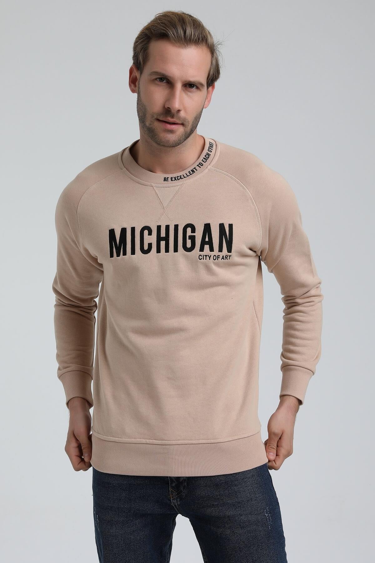 New World Polo Bisiklet Yaka Bej Slim Fit Sweatshirt 22FWM60135