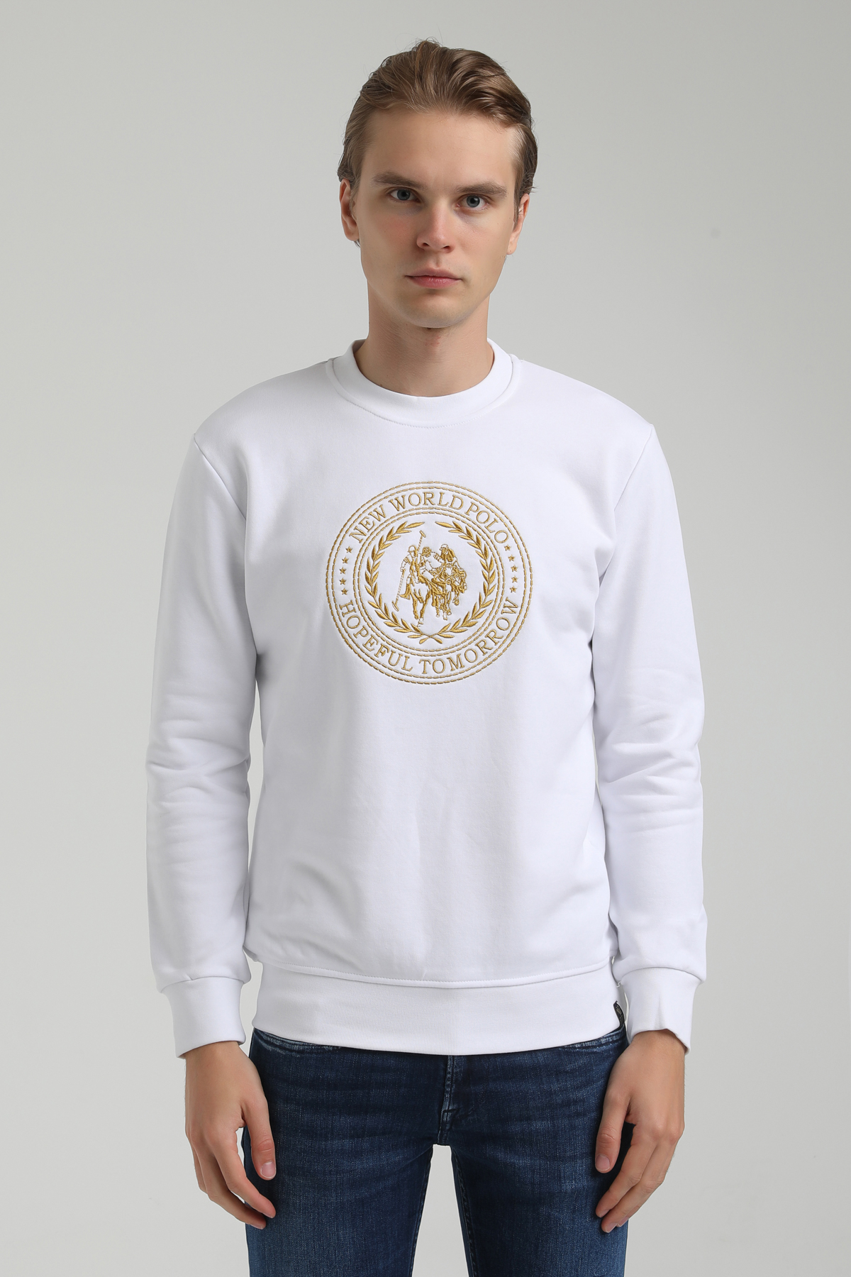 New World Polo Bisiklet Yaka Beyaz Regular Sweatshirt 22FWM60118