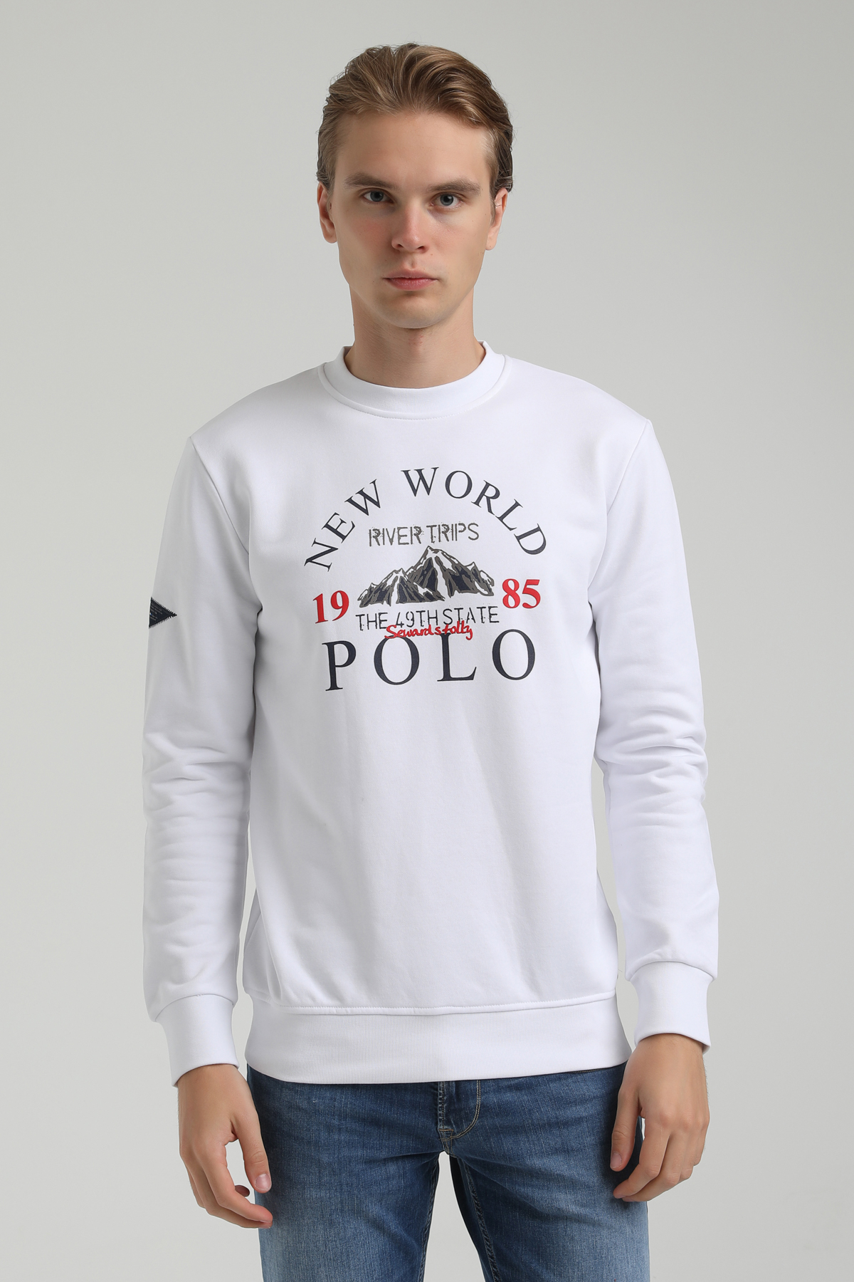 New World Polo Bisiklet Yaka Beyaz Regular Sweatshirt 22FWM60133