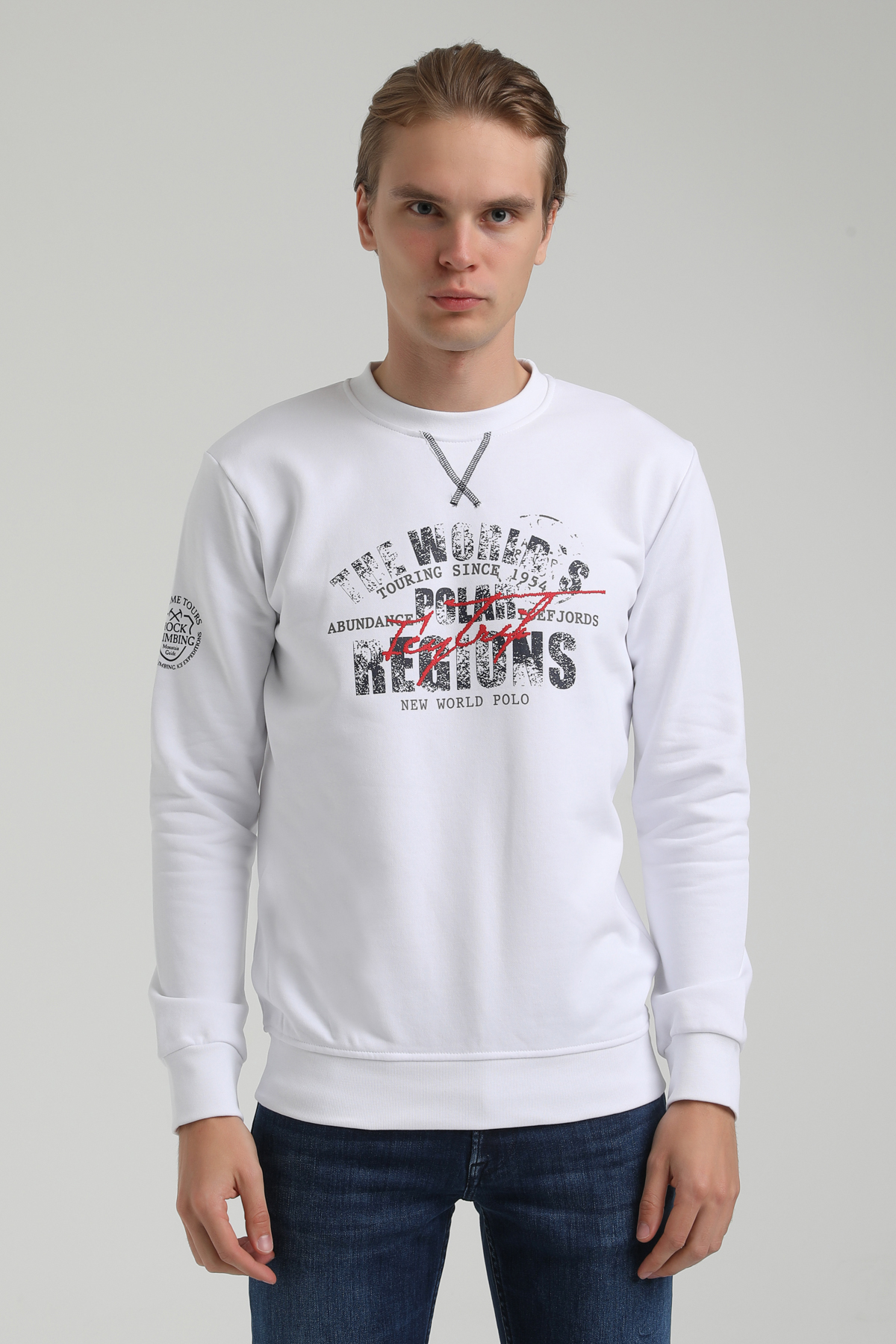 New World Polo Bisiklet Yaka Beyaz Regular Sweatshirt 22FWM60136