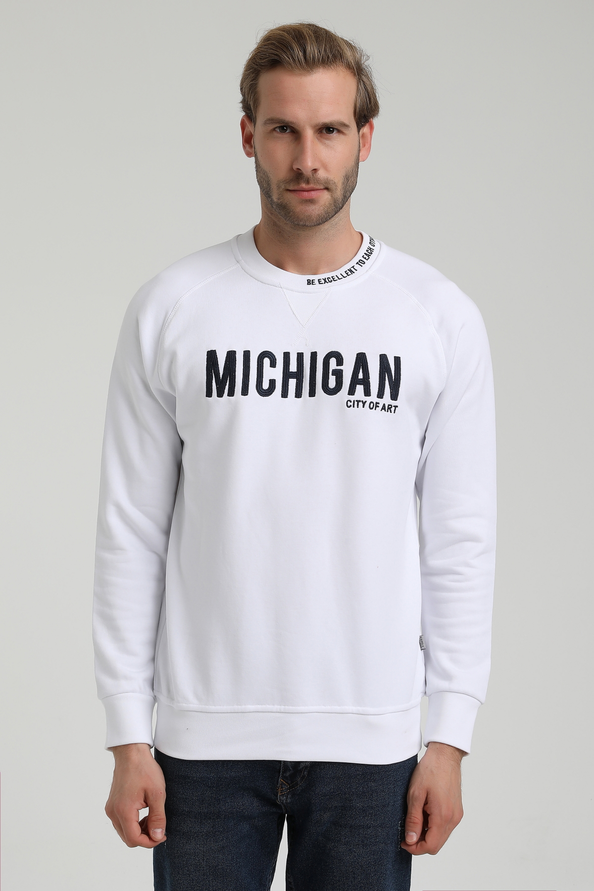 New World Polo Bisiklet Yaka Beyaz Slim Fit Sweatshirt 22FWM60135