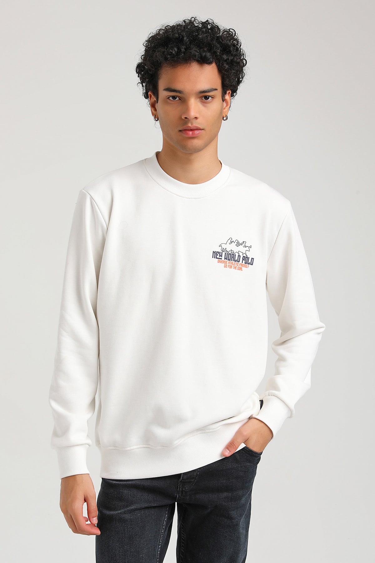 New World Polo Bisiklet Yaka Ekru Slim Fit Sweatshirt 23FWM60158