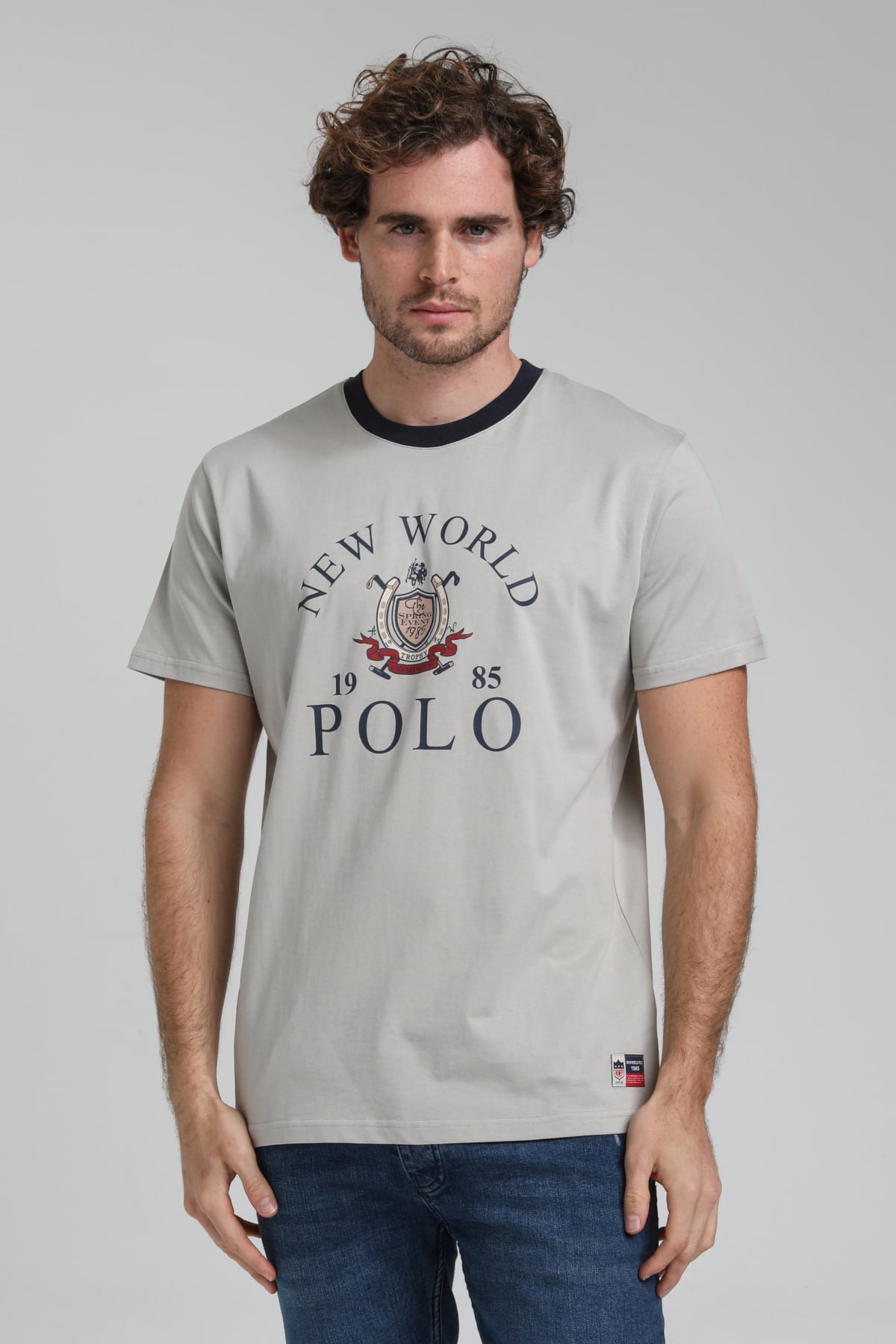 New World Polo Bisiklet Yaka Gri Boyalı Regular Custom Tişört 23SSM20309
