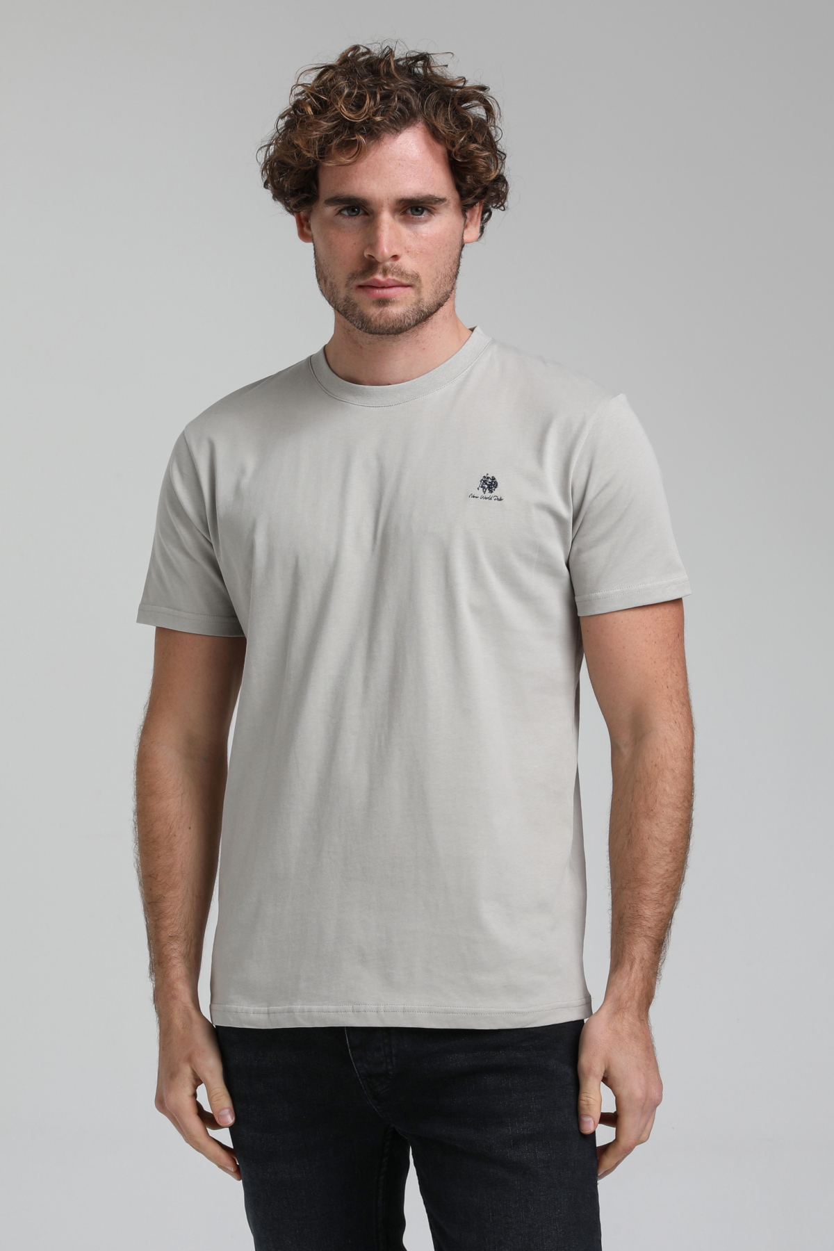 New World Polo Bisiklet Yaka Gri Boyalı Regular Custom Tişört 23SSM20311
