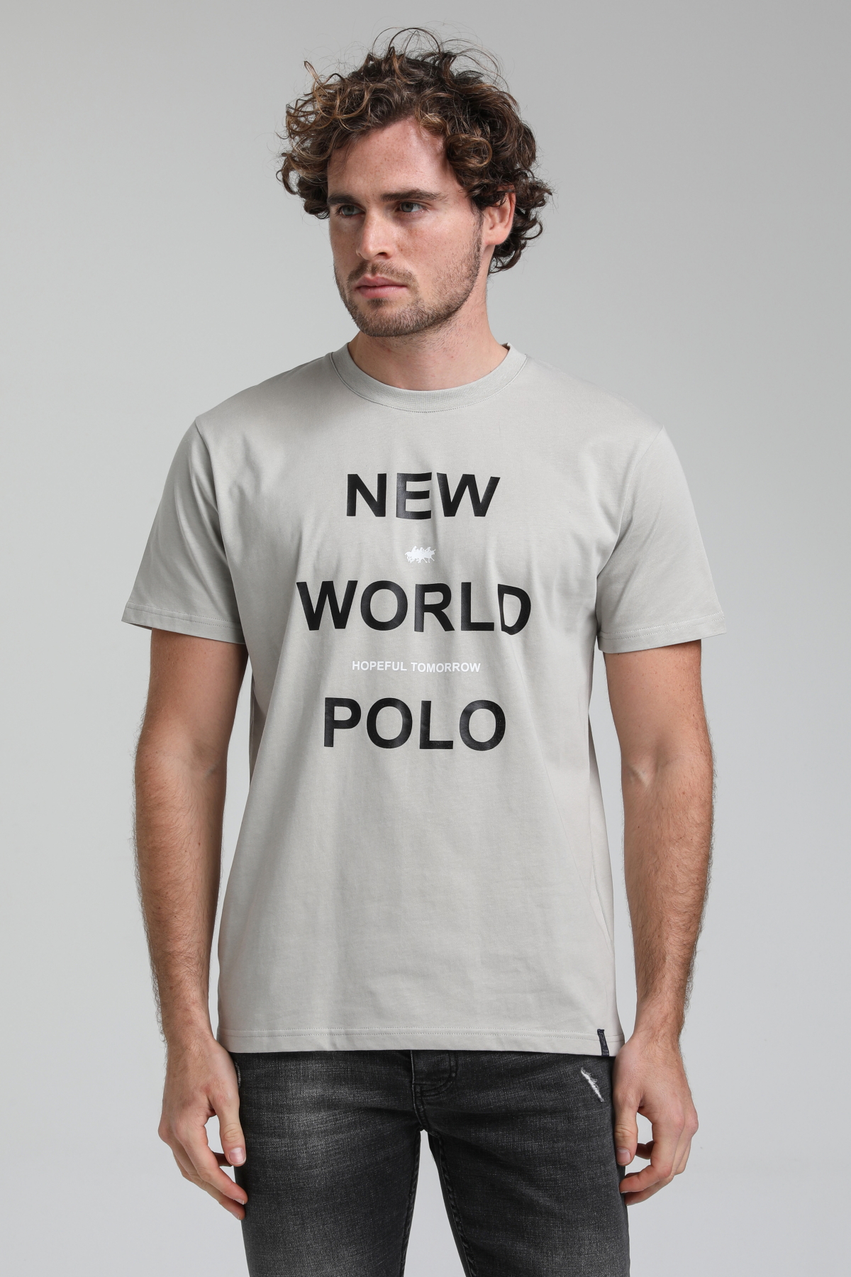 New World Polo Bisiklet Yaka Gri Boyalı Slim Fit Tişört 23SSM20298