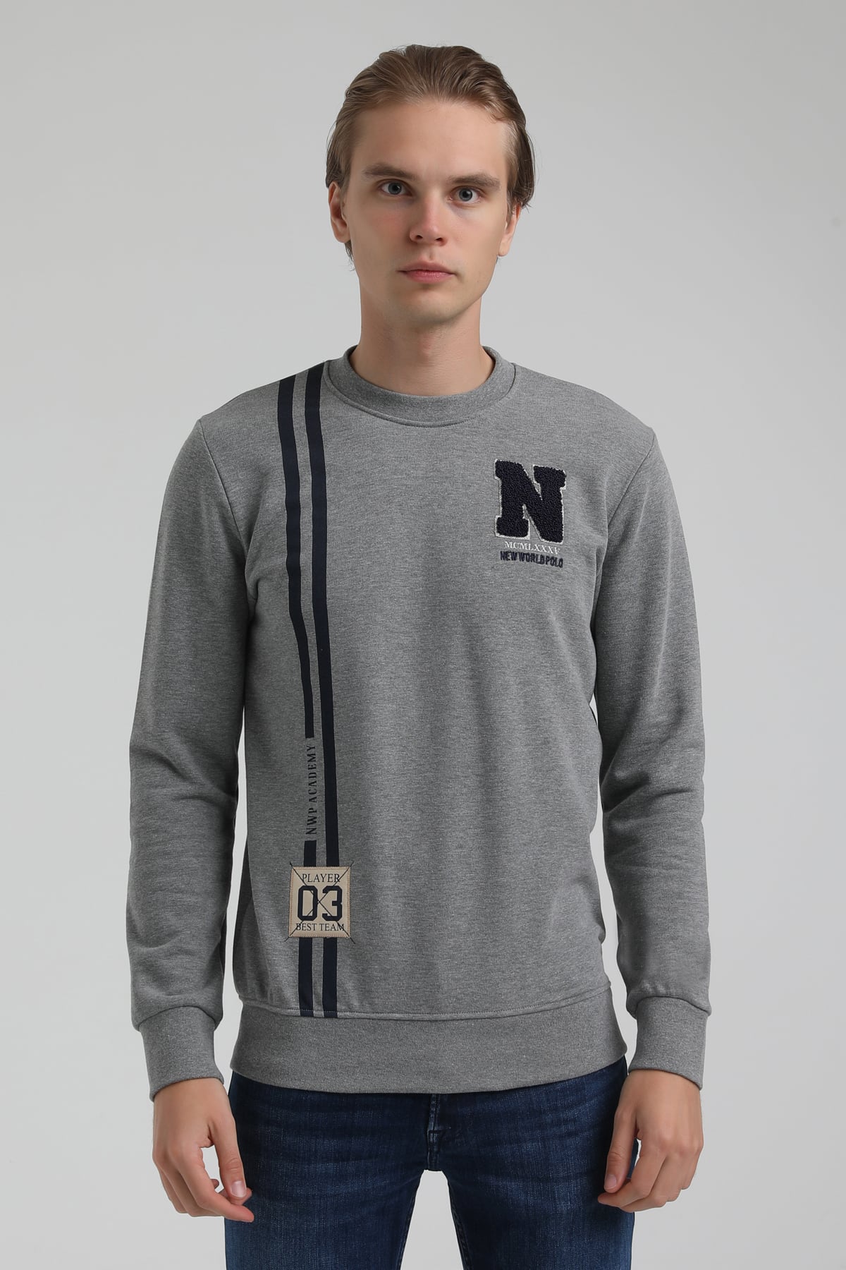 New World Polo Bisiklet Yaka Gri Regular Sweatshirt 22FWM60140