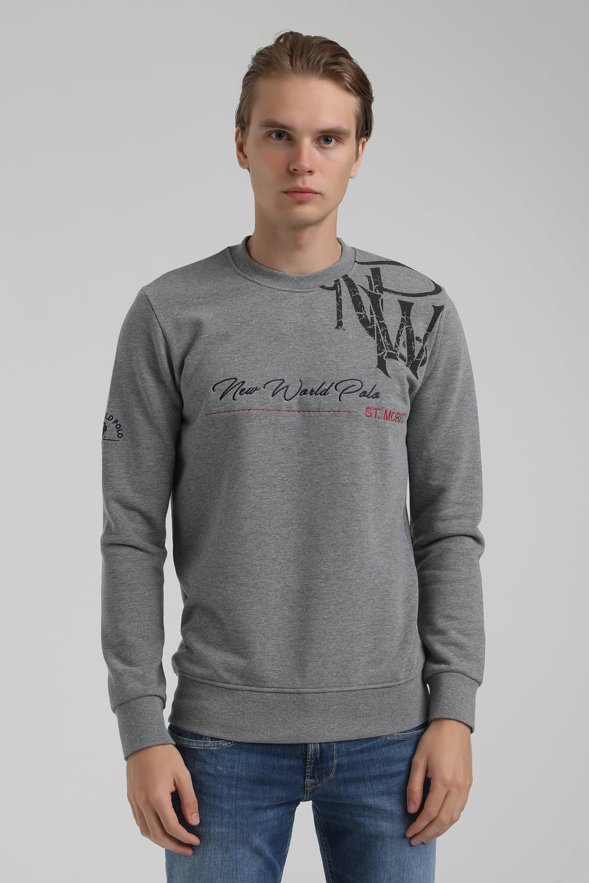 New World Polo Bisiklet Yaka Gri Regular Sweatshirt 22FWM60139