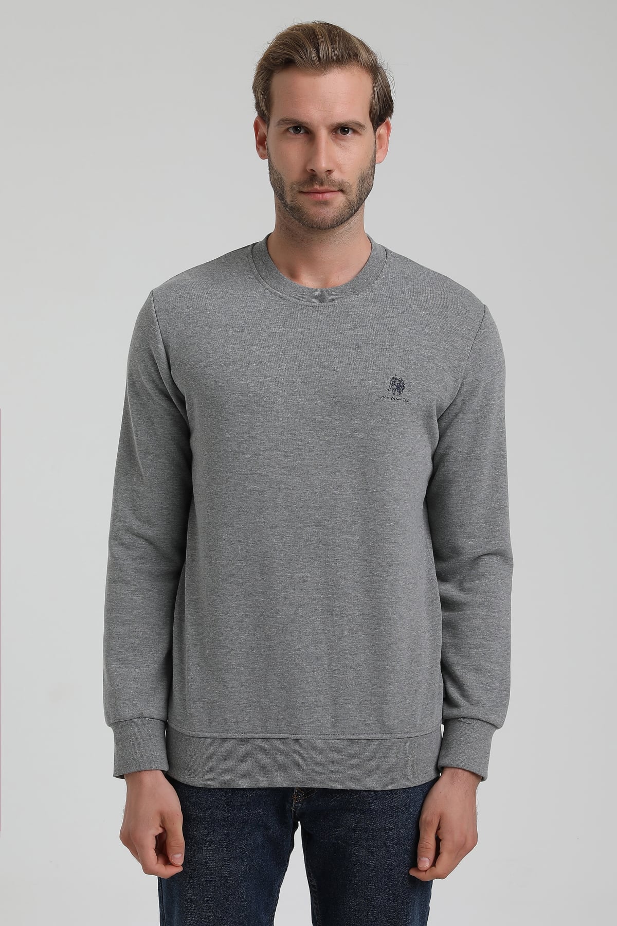 New World Polo Bisiklet Yaka Gri Slim Fit Sweatshirt 22FWM60115