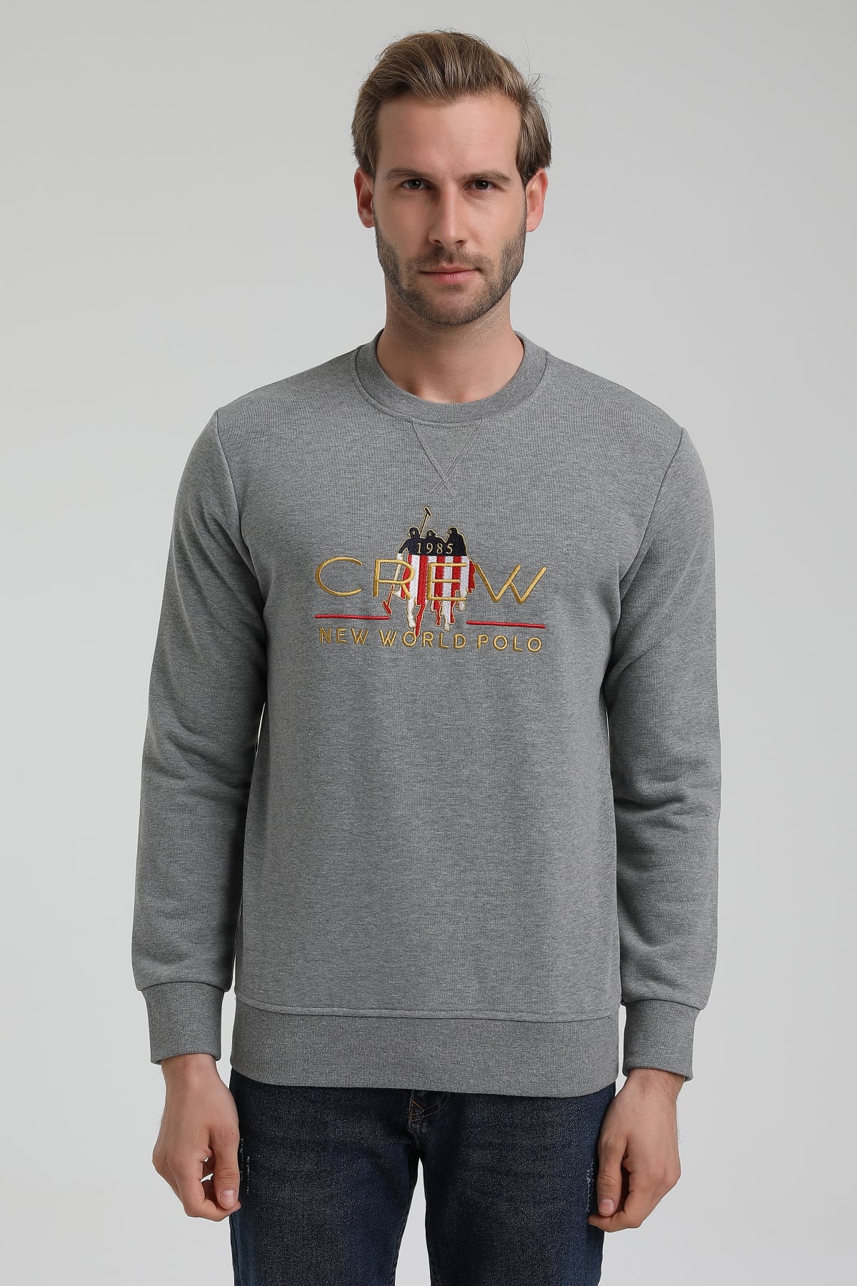 New World Polo Bisiklet Yaka Gri Slim Fit Sweatshirt 22FWM60116