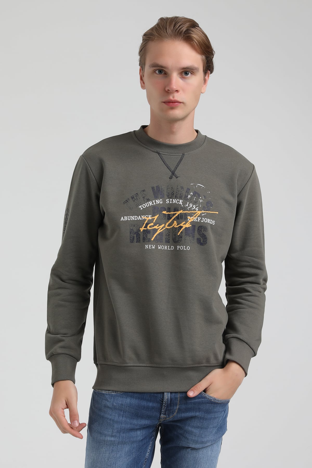 New World Polo Bisiklet Yaka Haki Regular Sweatshirt 22FWM60136