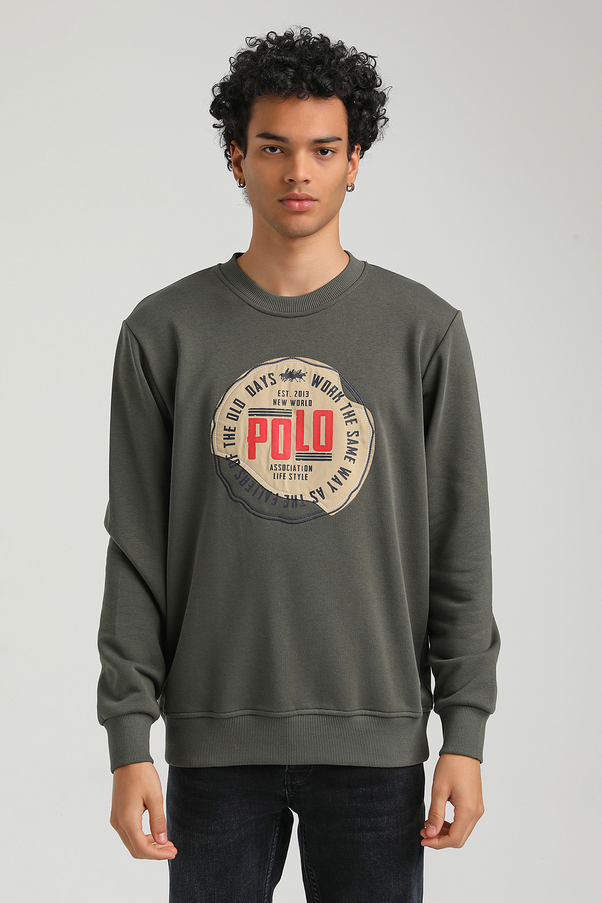 New World Polo Bisiklet Yaka Haki Slim Fit Sweatshirt 23FWM60163