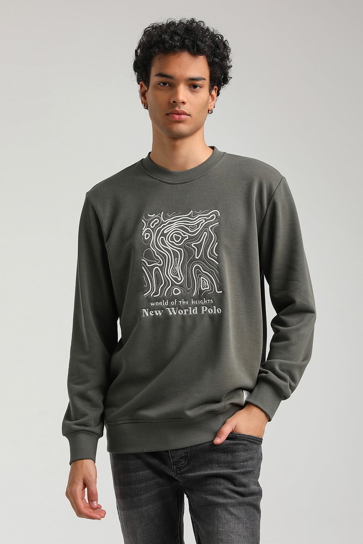 New World Polo Bisiklet Yaka Haki Slim Fit Sweatshirt 23FWM60153