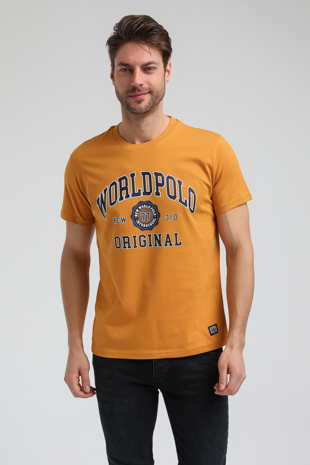 New World Polo Bisiklet Yaka Hardal Regular Custom Tişört 23SSM20306