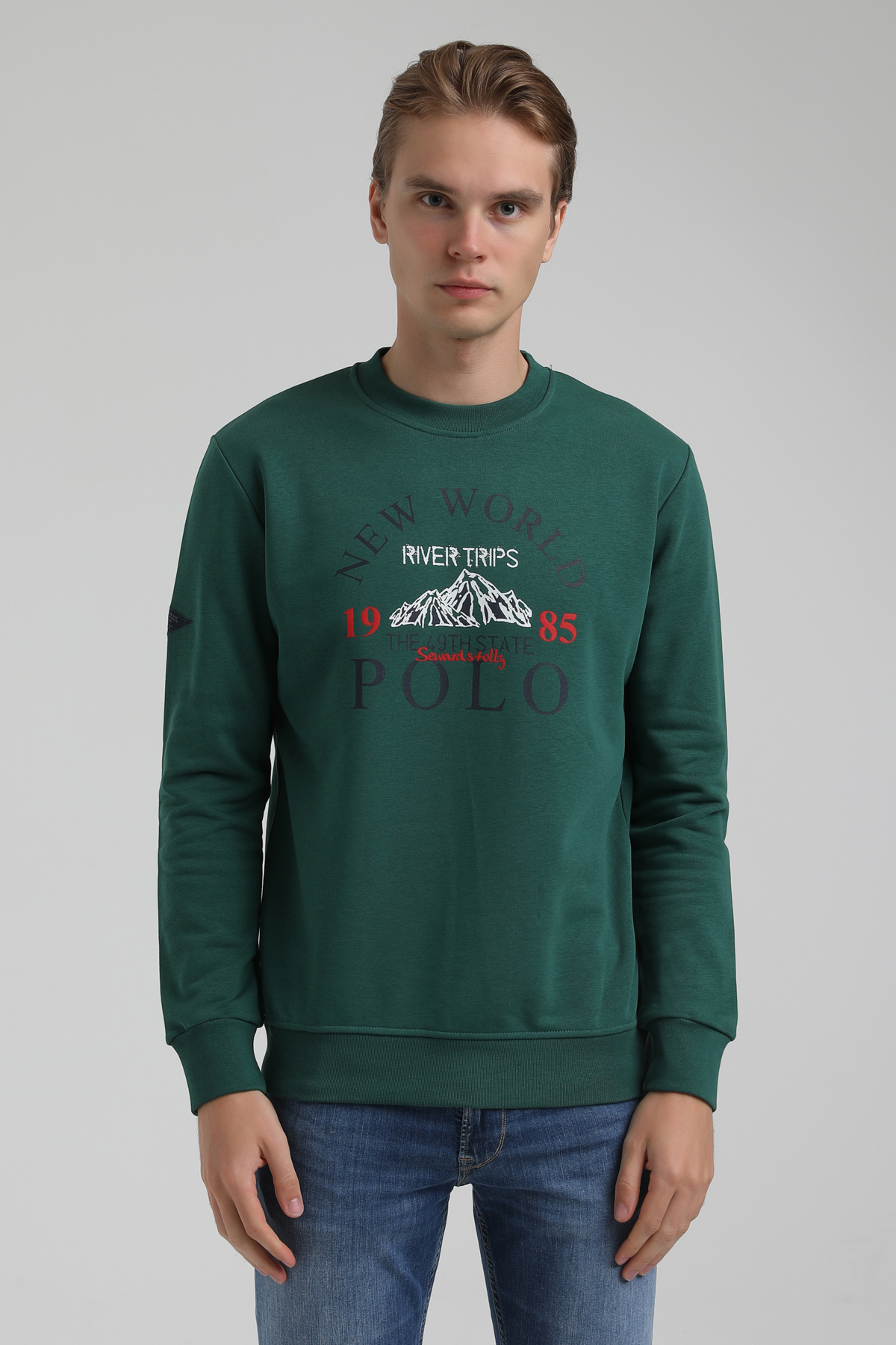 New World Polo Bisiklet Yaka Koyu Yeşil Regular Sweatshirt 22FWM60133