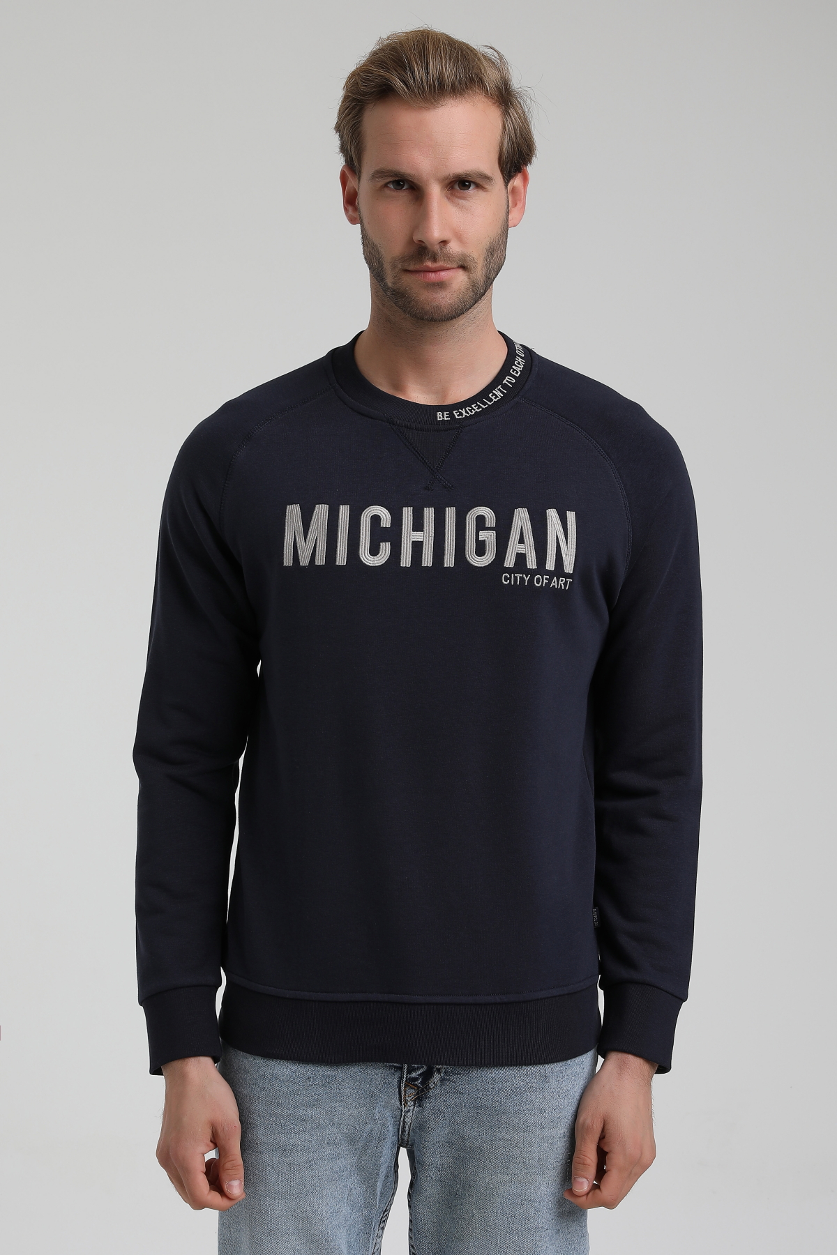 New World Polo Bisiklet Yaka Lacivert Slim Fit Sweatshirt 22FWM60135