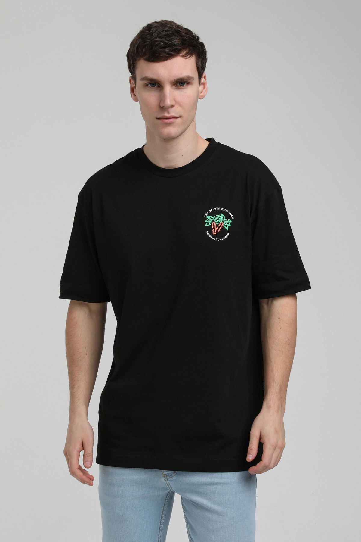 New World Polo Bisiklet Yaka Siyah Oversize Tişört 23SSM20336