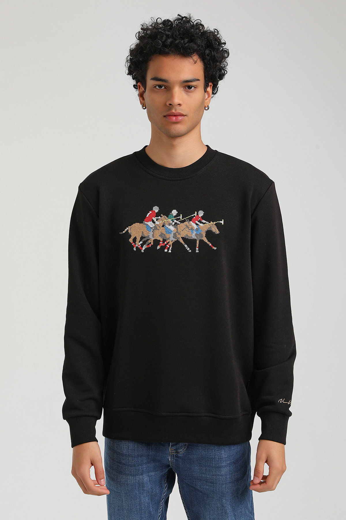 New World Polo Bisiklet Yaka Siyah Regular Custom Sweatshirt 23FWM60144