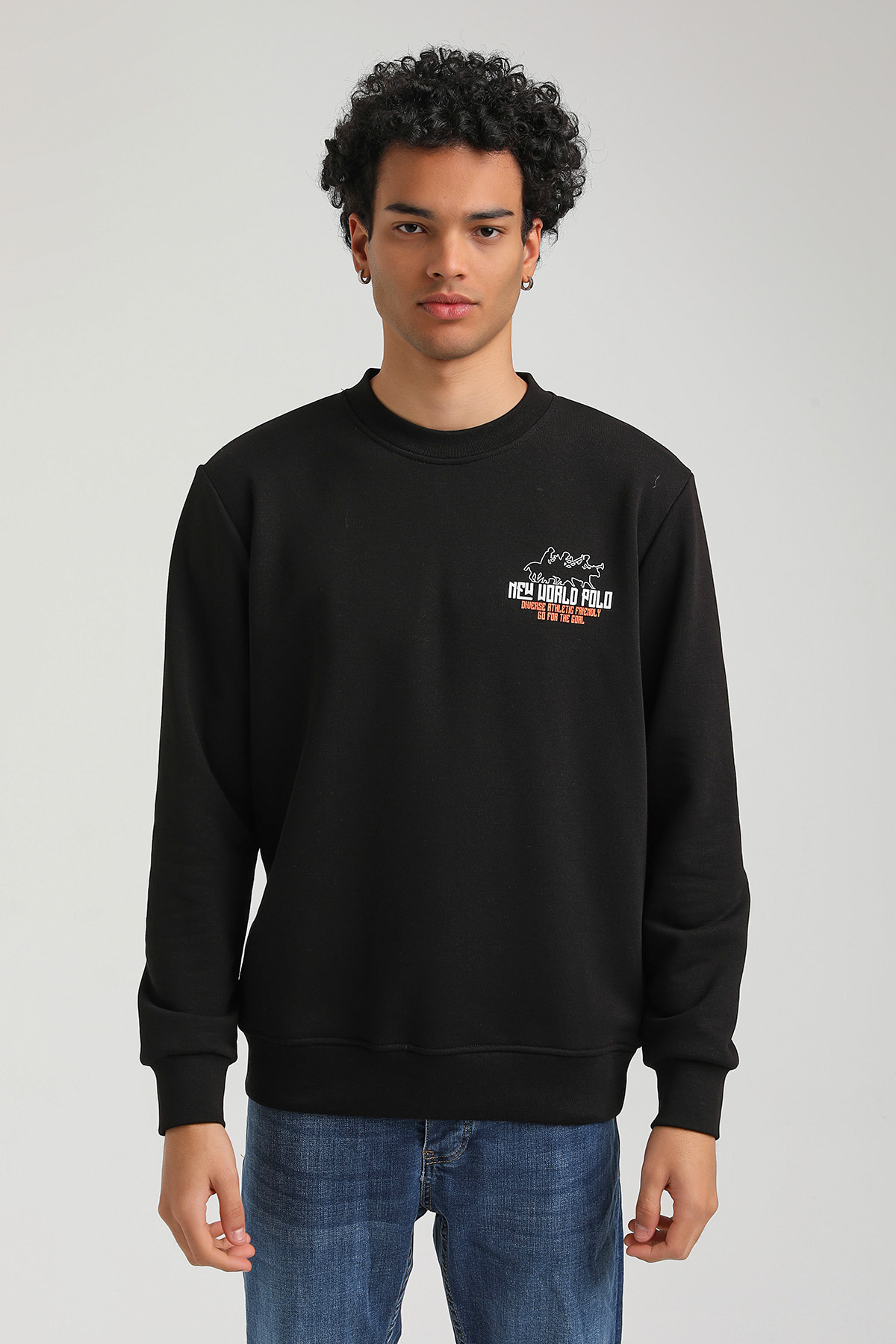 New World Polo Bisiklet Yaka Siyah Slim Fit Sweatshirt 23FWM60158