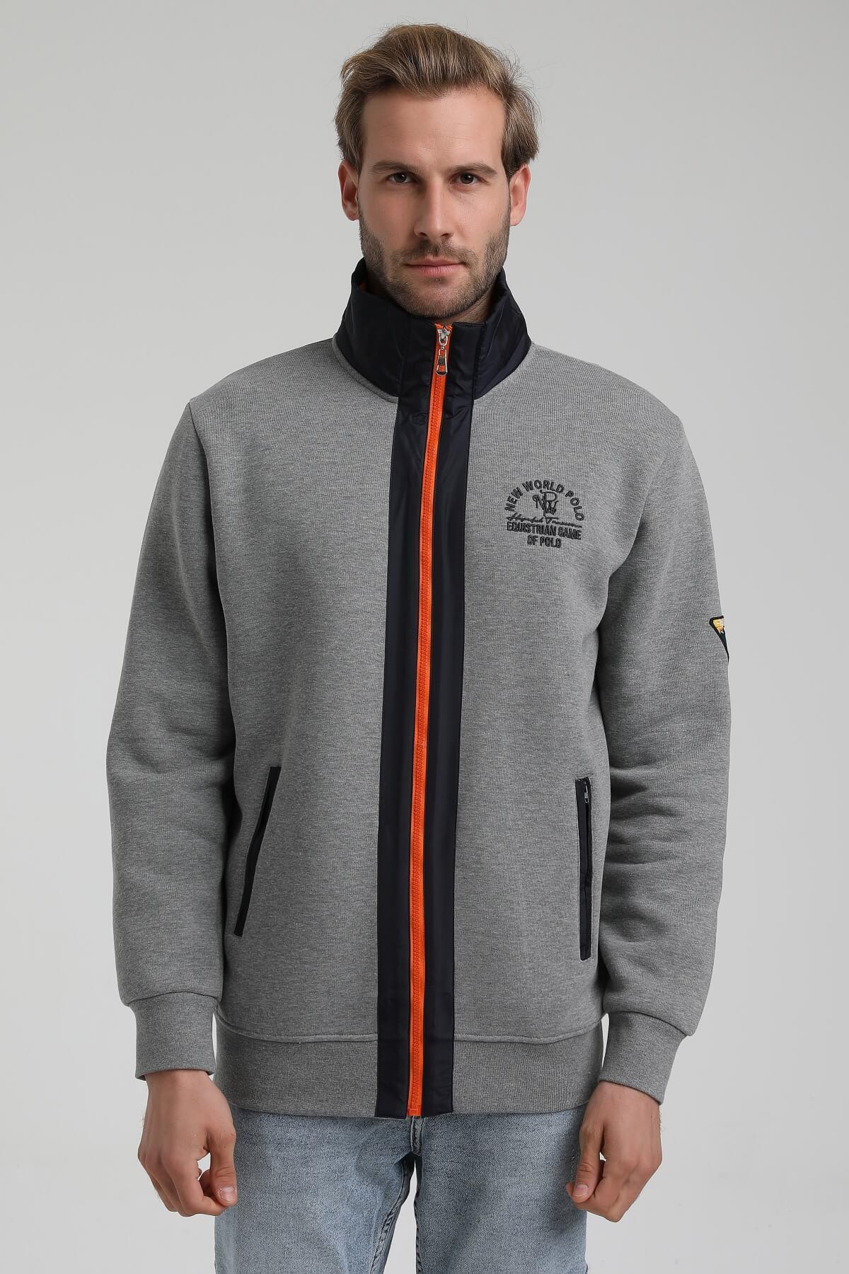 New World Polo Dik Yaka Gri Slim Fit Full-Zip Sweatshirt 22FWM64038