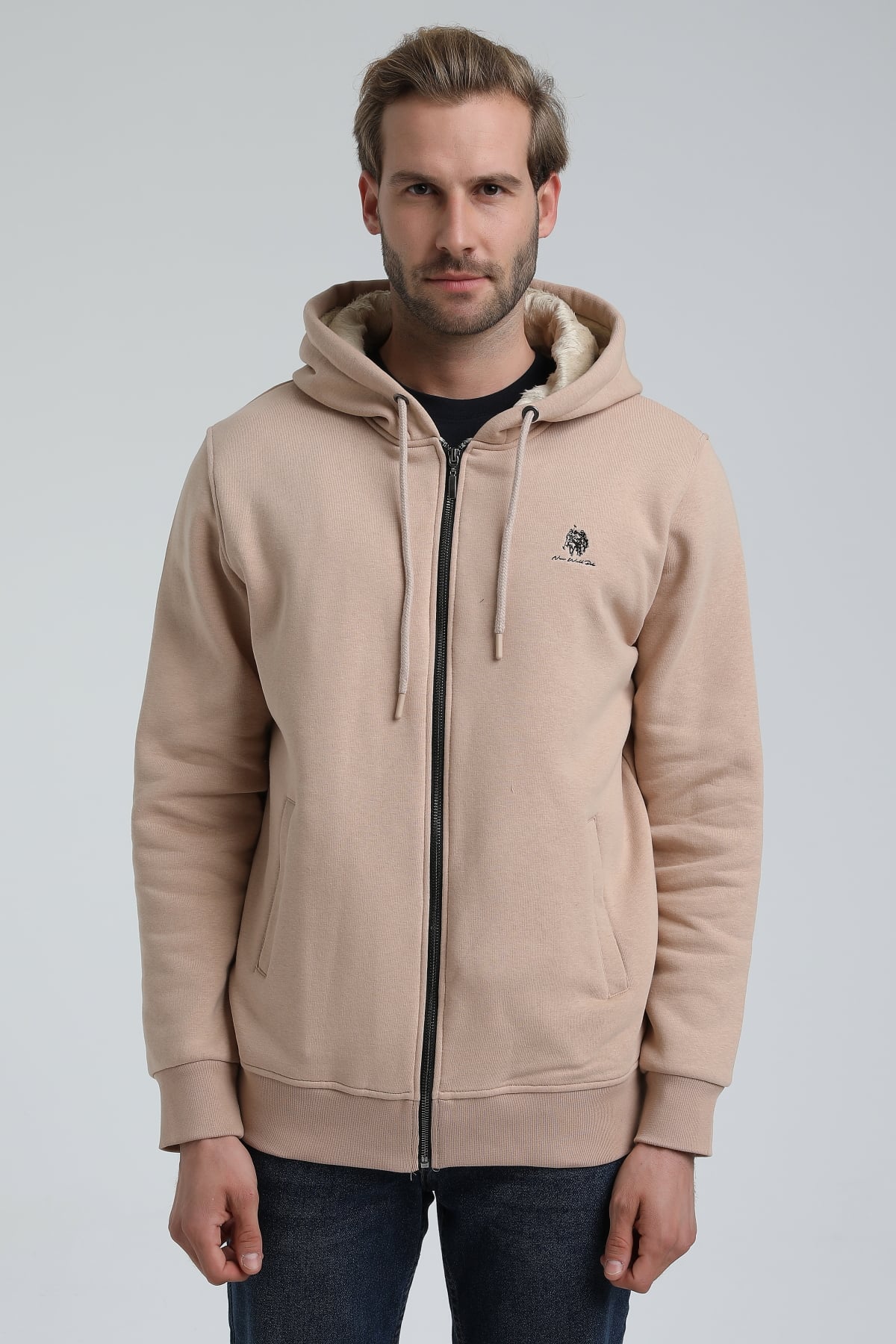 New World Polo Kapşonlu Bej Slim Fit Sweatshirt 22FWM64040