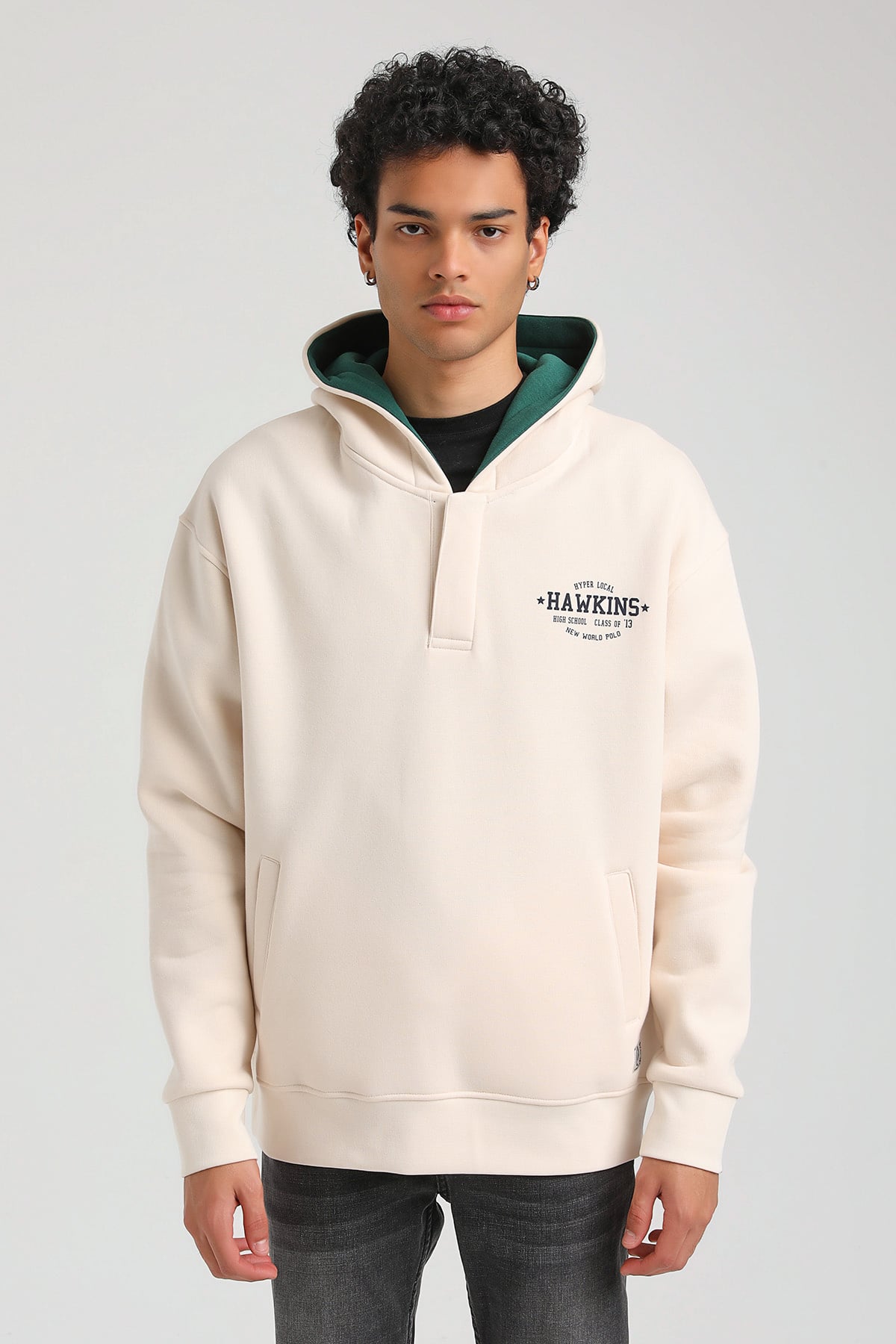 New World Polo Kapşonlu Ekru Slim Fit Hoodie 23FWM64057