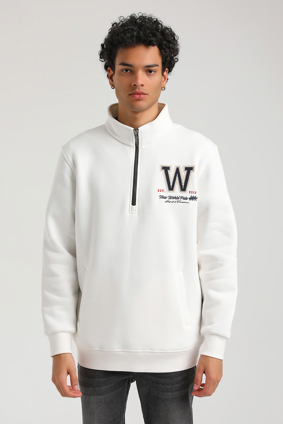 New World Polo Kapşonlu Ekru Slim Fit Hoodie 23FWM64065