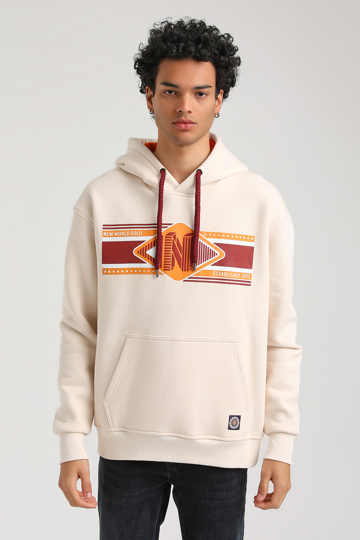New World Polo Kapşonlu Ekru Slim Fit Hoodie 23FWM64055